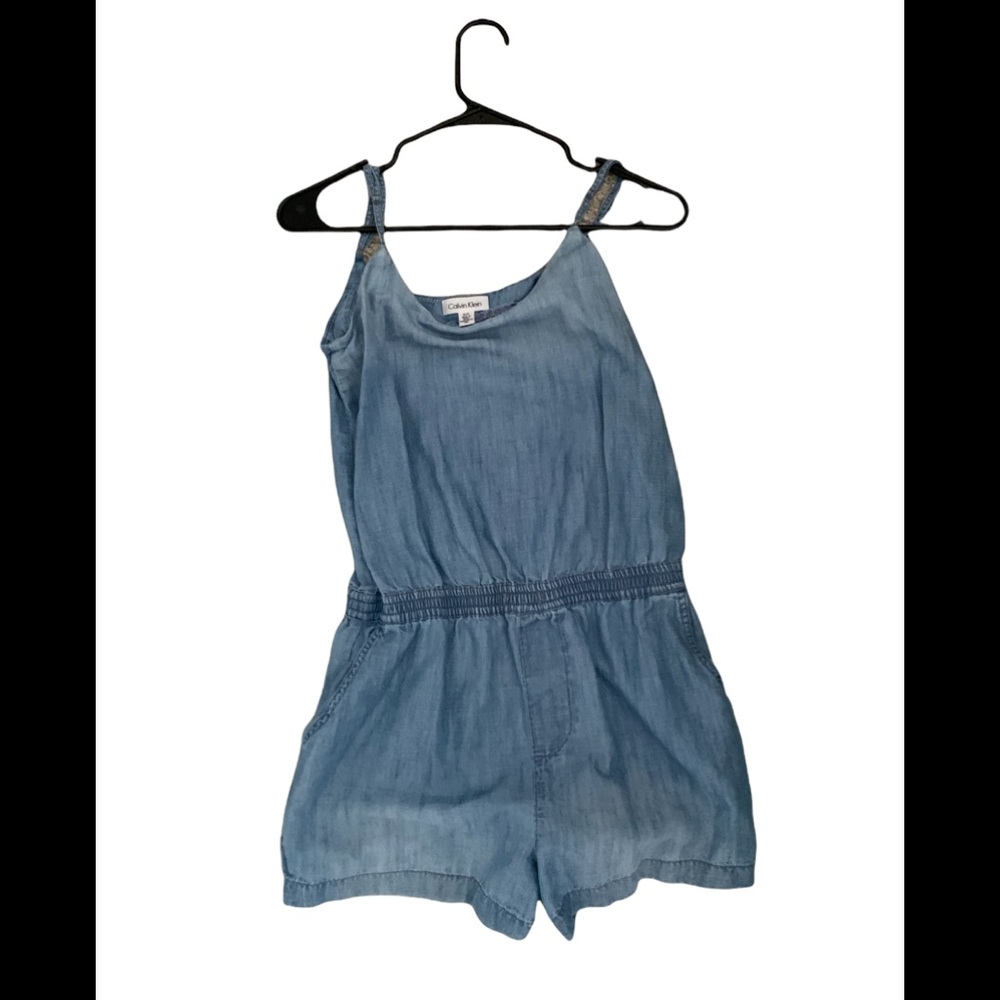 Calvin Klein Washed denim spaghetti strap romper with pockets